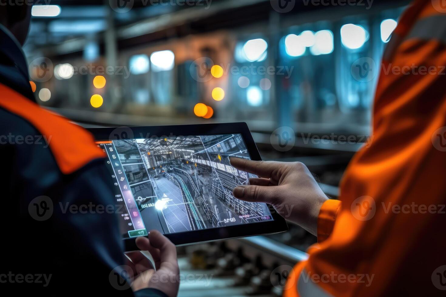 A close - up shot of an engineer using a tablet to check and analyze the data systems of a track on the railway network. photo
