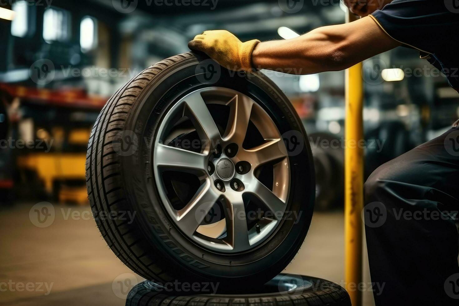 Close - up view of a mechanic at work, changing tires and wheels in a service center. Generative AI photo