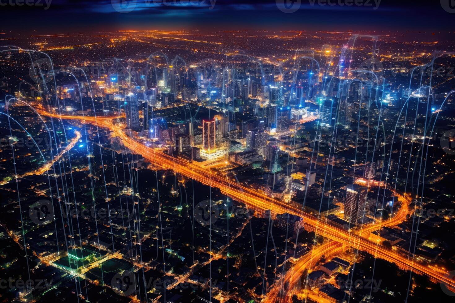 Close-up photo of night cityscape symbolizing fast network and connection technology.