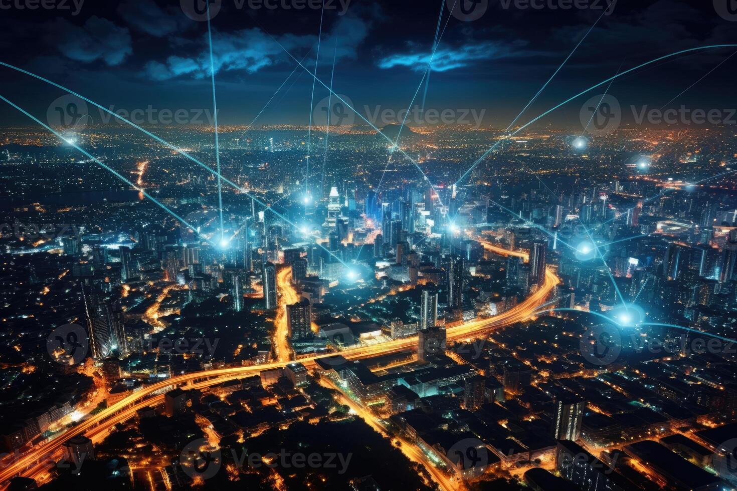 Close-up photo of night cityscape symbolizing fast network and connection technology.