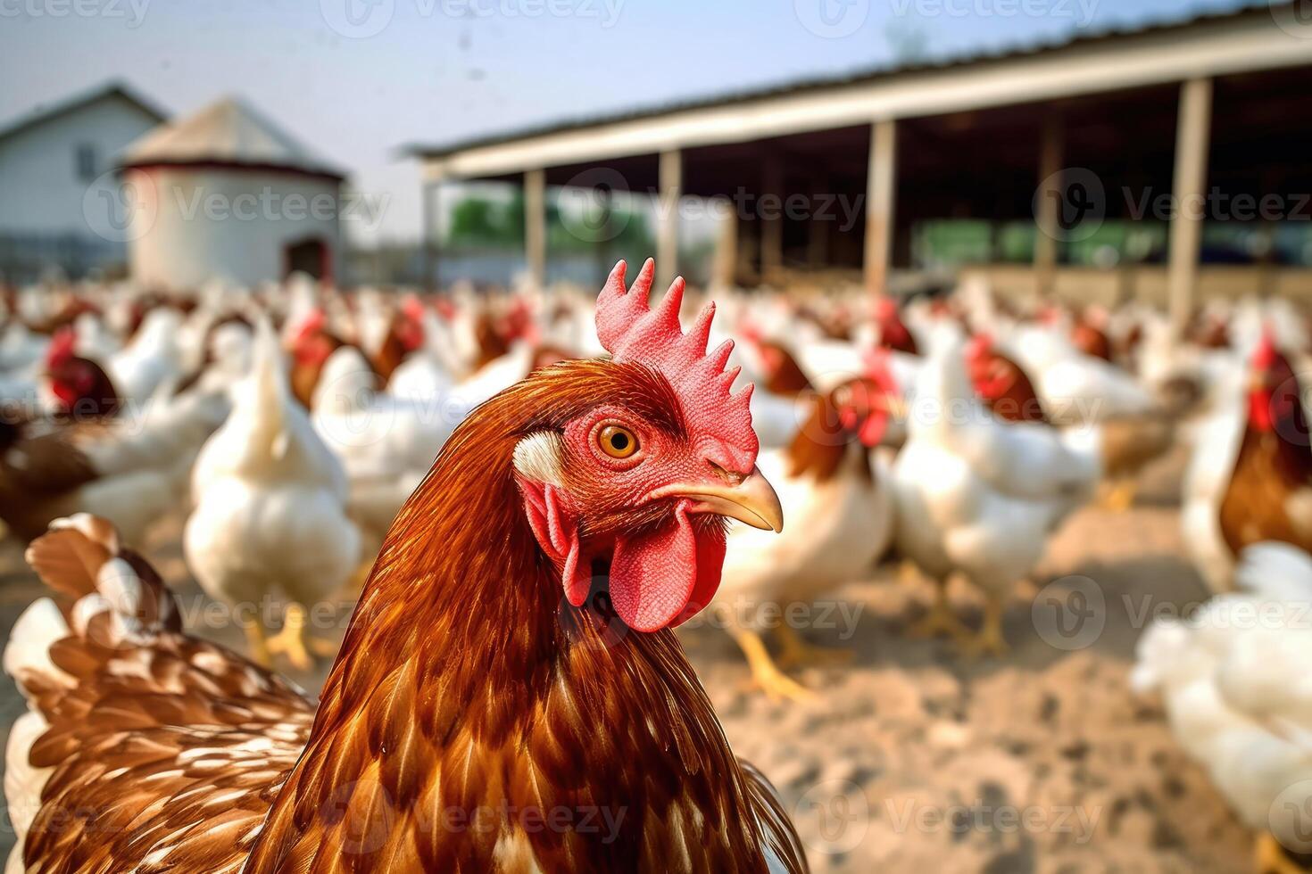 The spacious and well - organized environment of a modern chicken farm with a close - up shot of a chicken house. photo