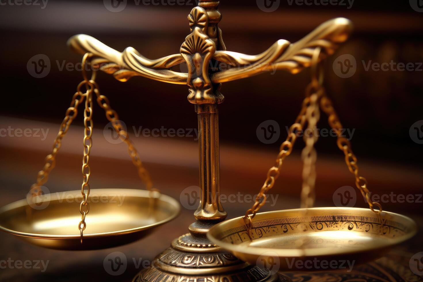 Close - up shot focuses on the scales of justice, symbolizing the impartiality and equilibrium in the legal system. photo