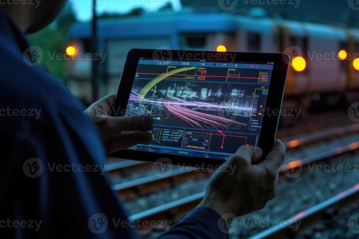 A close - up shot of an engineer using a tablet to check and analyze the data systems of a track on the railway network. photo