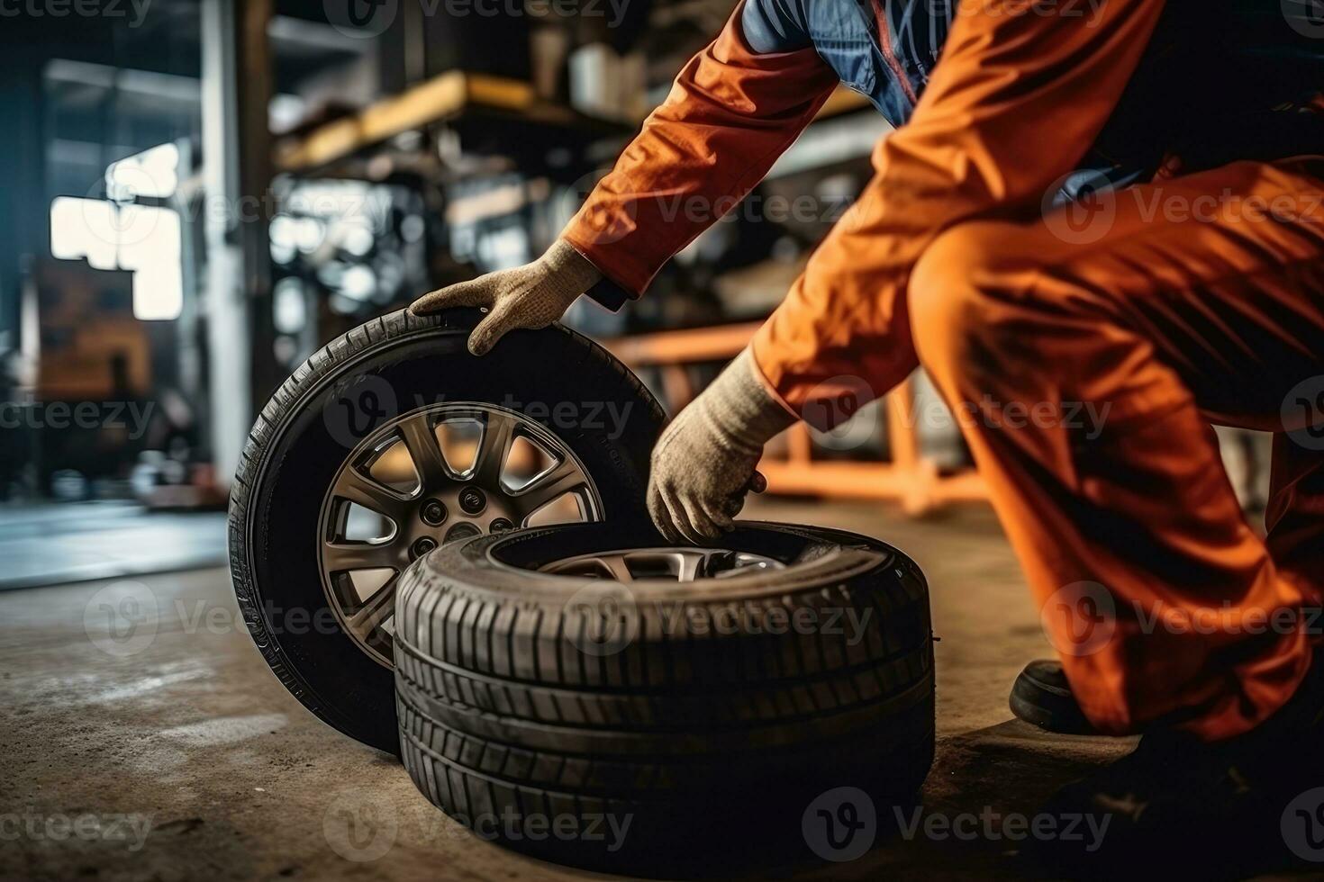 Close - up view of a mechanic at work, changing tires and wheels in a service center. Generative AI photo