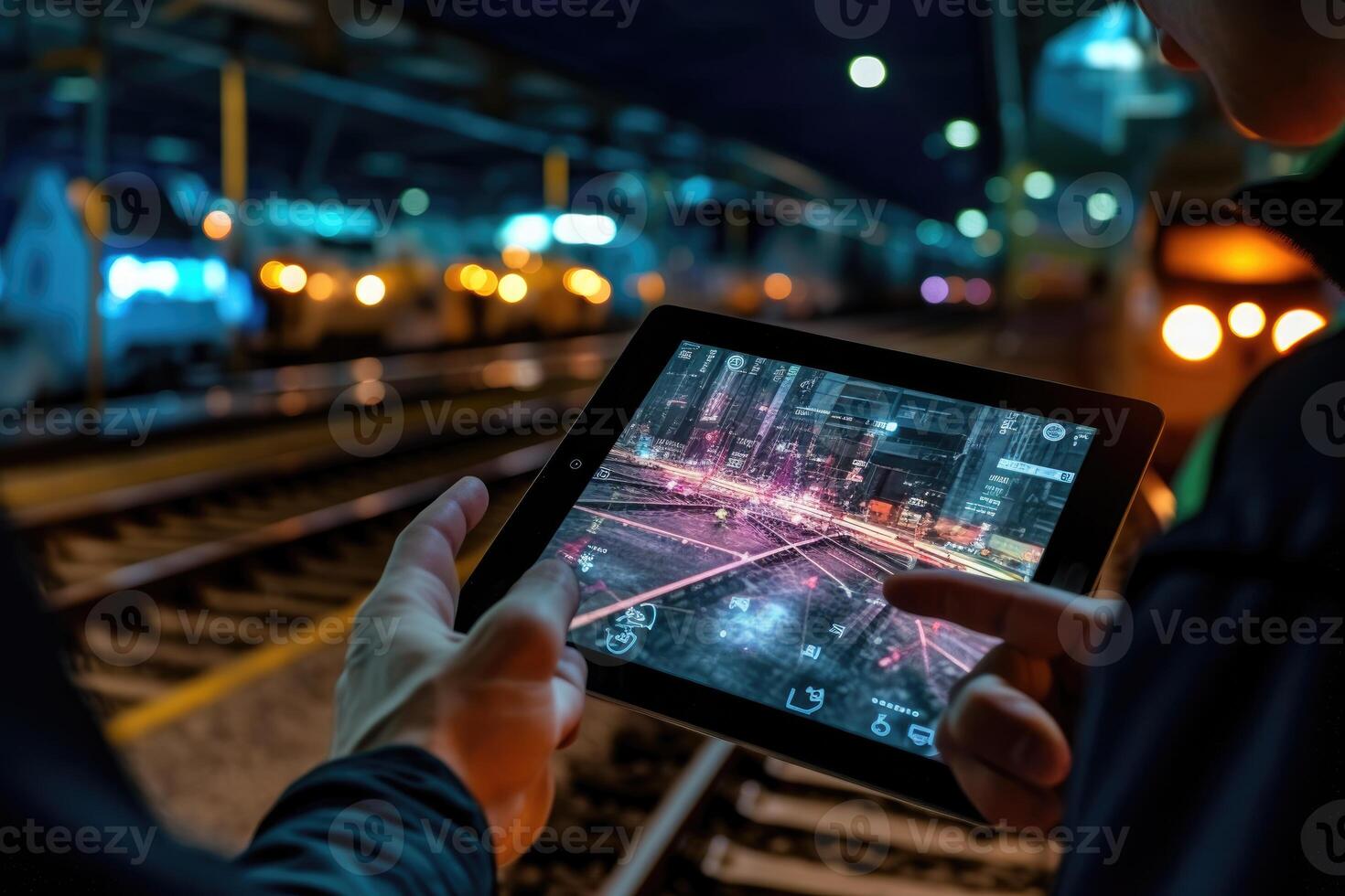 A close - up shot of an engineer using a tablet to check and analyze the data systems of a track on the railway network. photo
