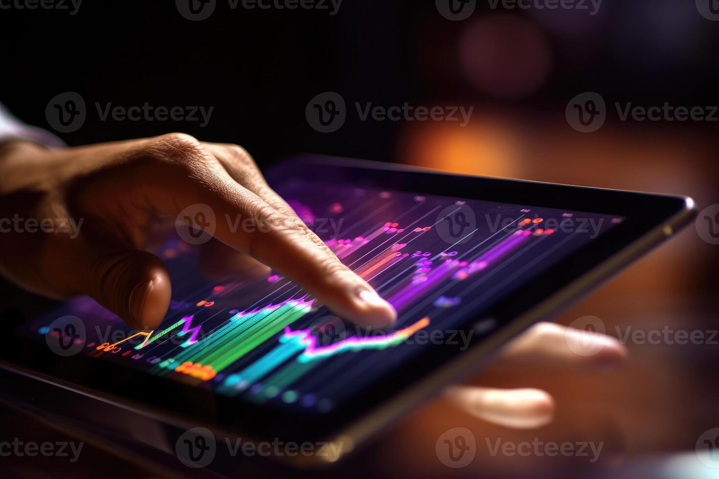 A close - up photo that visually represents a businessman using a tablet to analyze sales data and economic growth graph chart.