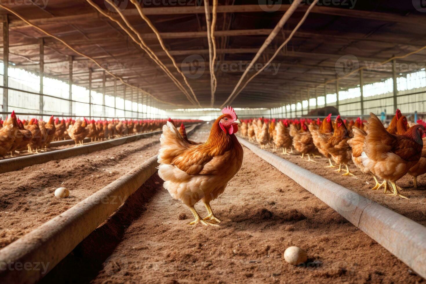 The spacious and well - organized environment of a modern chicken farm with a close - up shot of a chicken house. Generative AI photo
