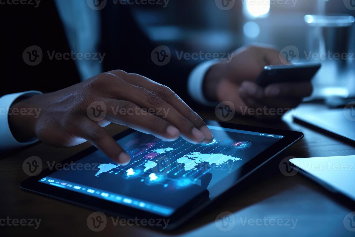 A close - up photo that visually represents a businessman using a tablet to analyze sales data and economic growth graph chart.