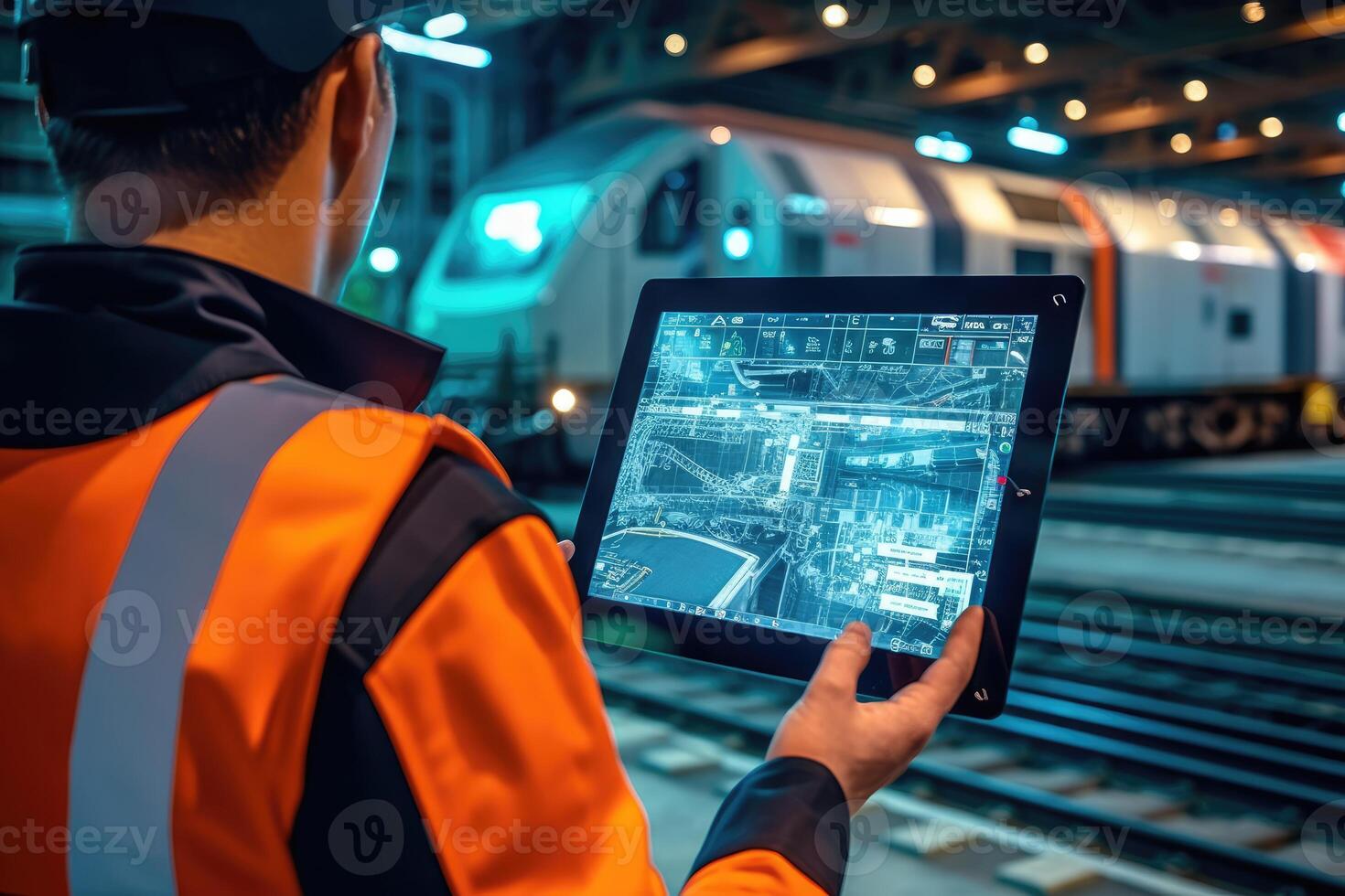 A close - up shot of an engineer using a tablet to check and analyze the data systems of a track on the railway network. photo