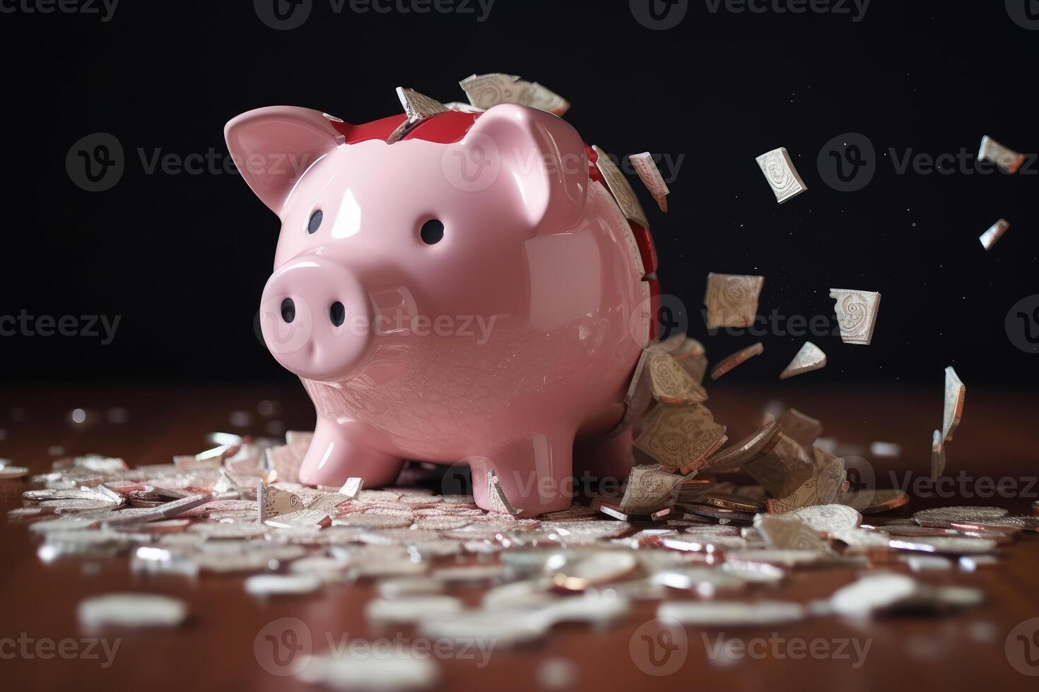 A close - up photo symbolizing the global financial crisis. The image focuses on a shattered bank piggy bank lying on a pile of crumbling banknotes and broken coins.