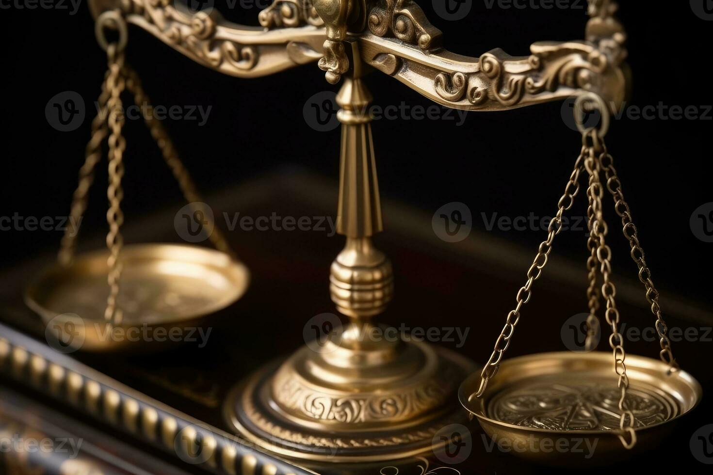 Close - up shot focuses on the scales of justice, symbolizing the impartiality and equilibrium in the legal system. Generative AI photo