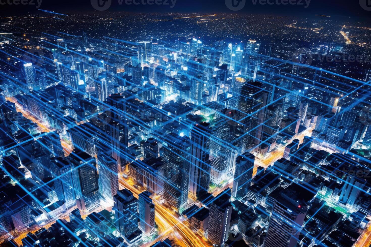 Close-up photo of night cityscape symbolizing fast network and connection technology.