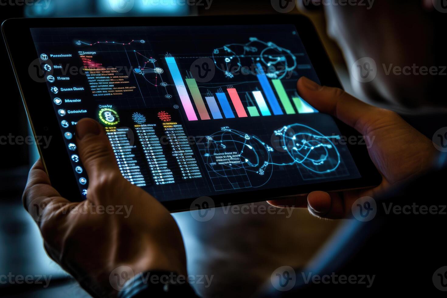 A close - up photo that visually represents a businessman using a tablet to analyze sales data and economic growth graph chart.