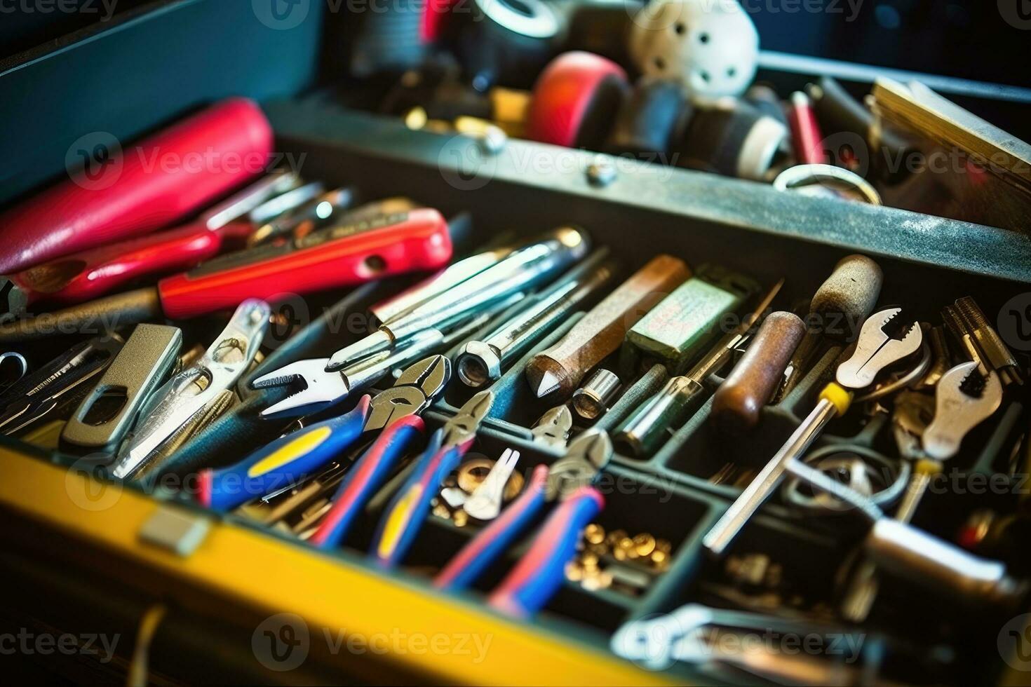 Close - up view of a toolbox at a mechanic's shop, focusing on the tools inside. Generative AI photo