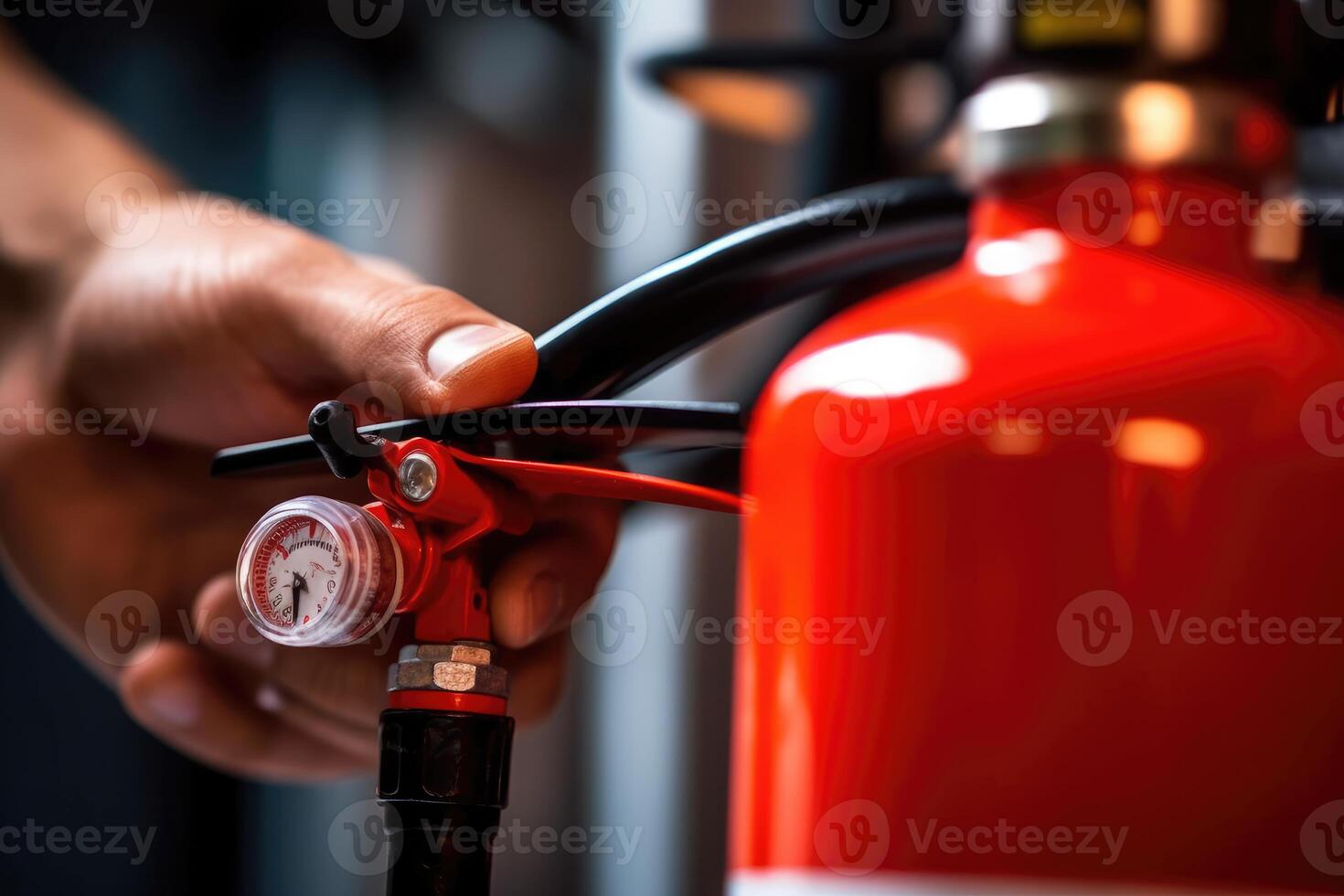 Fire safety with a close - up shot of an engineer performing a detailed inspection of a fire extinguisher tank. photo
