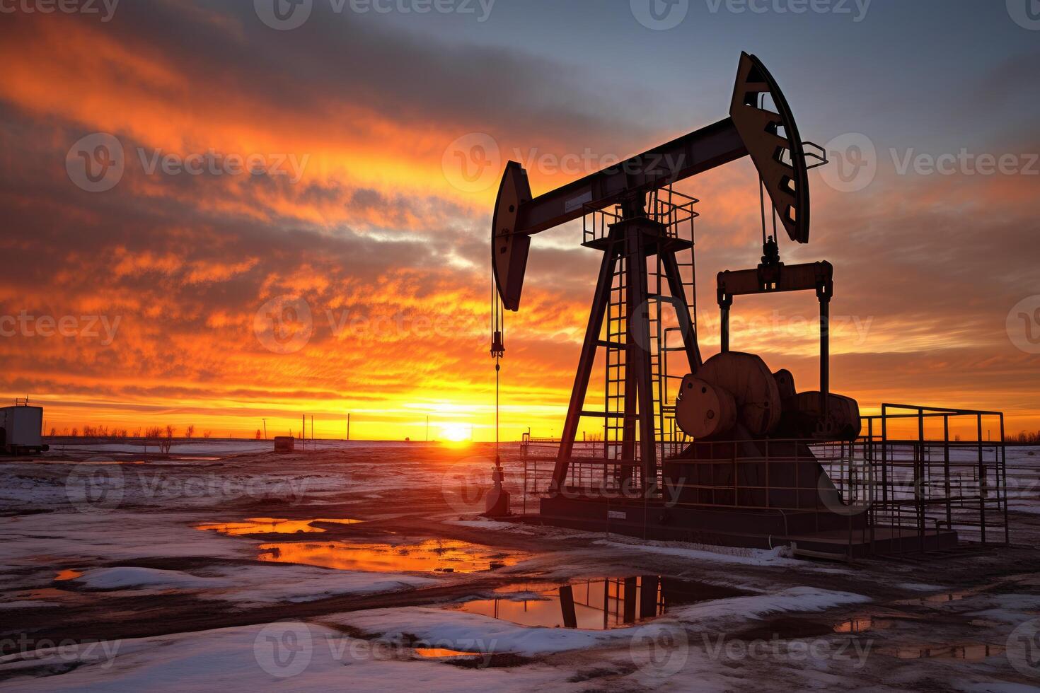 A close - up photograph of an oil field set against the backdrop of a breathtaking sunset. photo