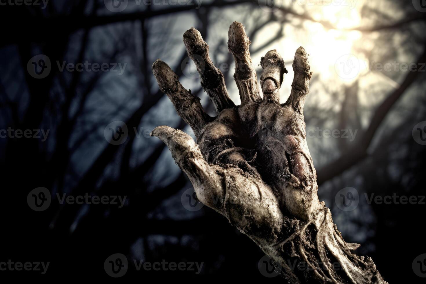 A close - up photography showcasing a zombie hand rising from a graveyard on a spooky Halloween night. Generative AI photo