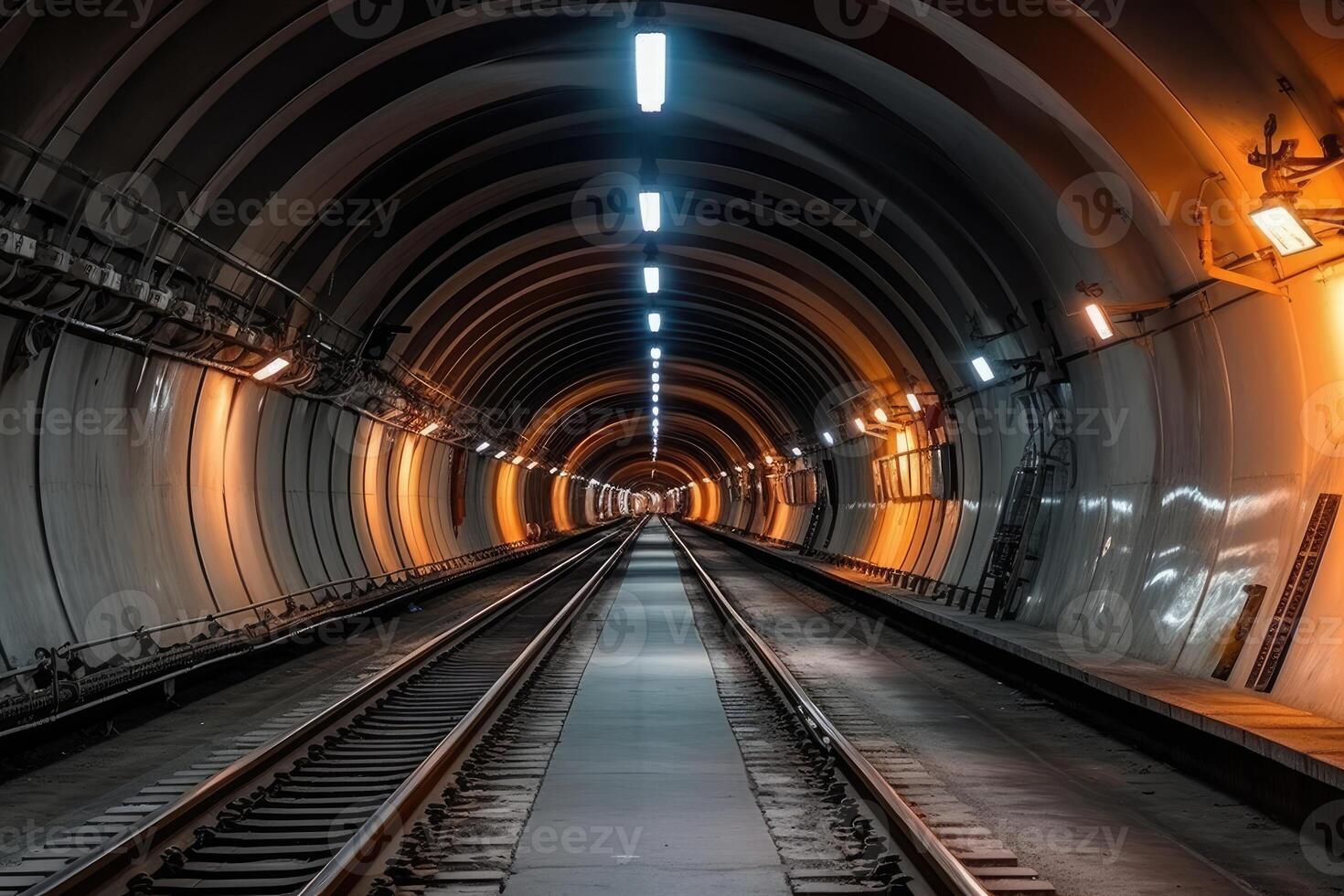 The urban underground infrastructure by taking a close - up view of a round subway tunnel with tubing. photo