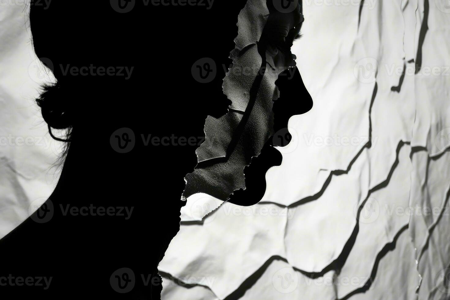 A silhouette of a head, half filled with crumpled waste paper, the other half spilling onto the reflective surface below. A photograph depicting the feeling of anxiety. Generative AI photo