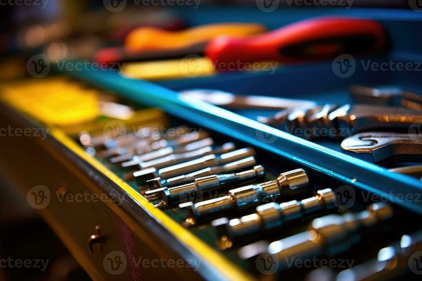 Close - up view of a toolbox at a mechanic's shop, focusing on the tools inside. Generative AI photo