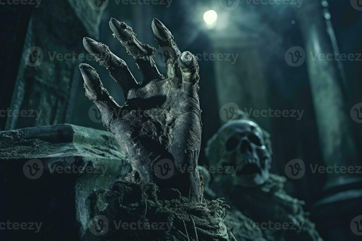 A close - up photography showcasing a zombie hand rising from a graveyard on a spooky Halloween night. Generative AI photo