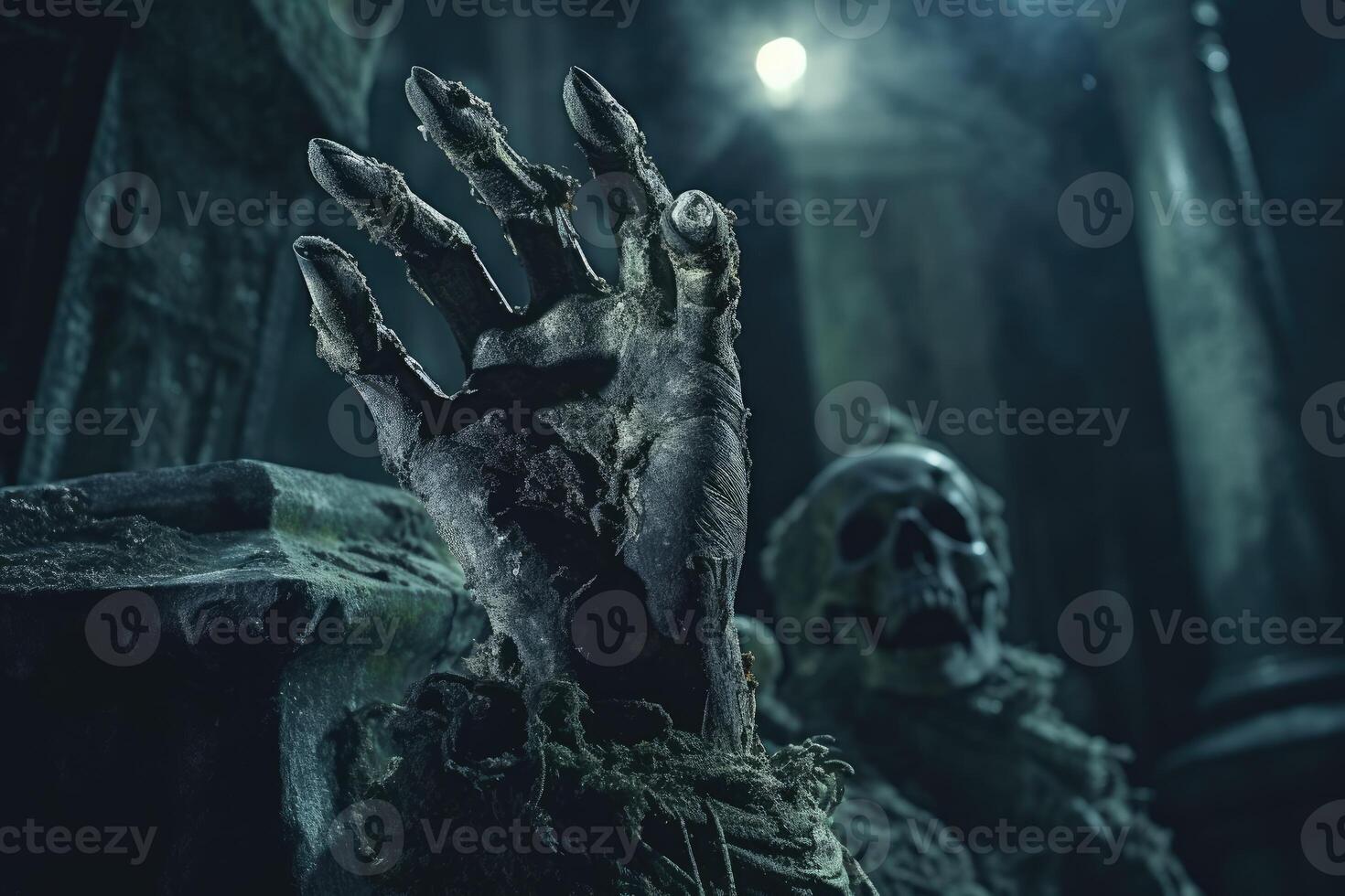 A close - up photography showcasing a zombie hand rising from a graveyard on a spooky Halloween night. photo