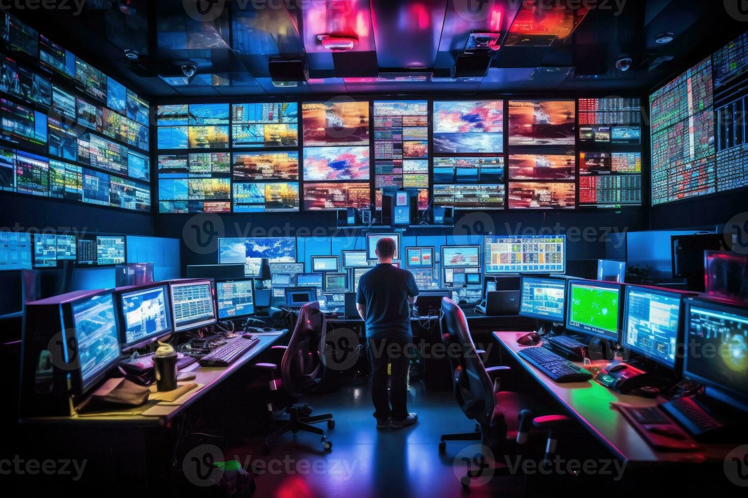 A fire control room, with engineers monitoring fire prevention systems and alarms. Generative AI photo