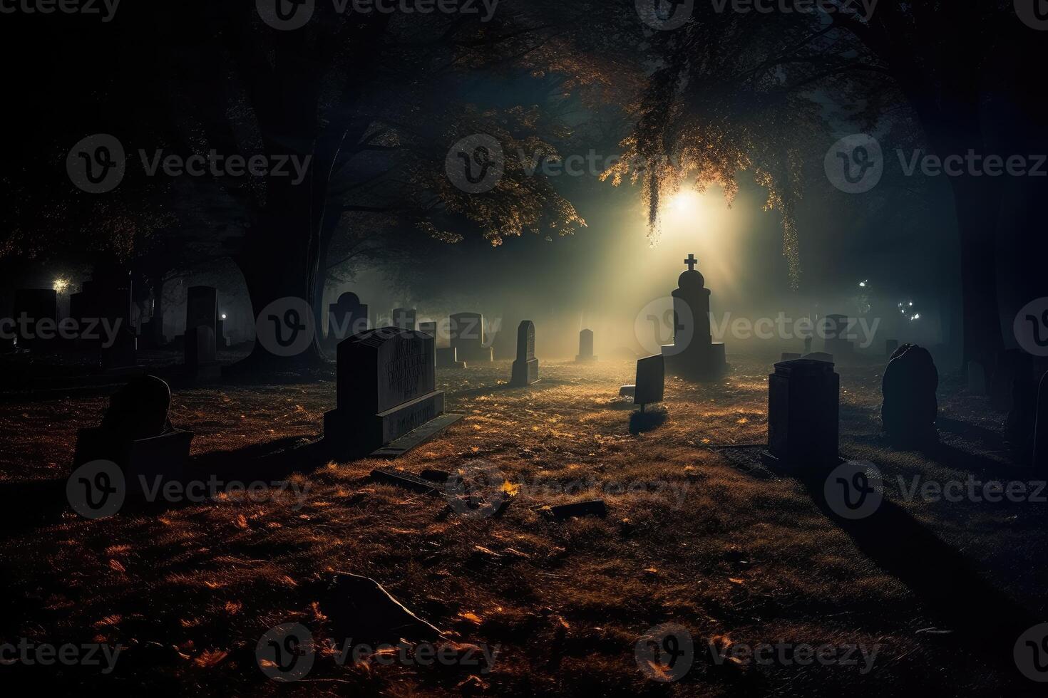 A close - up photograph depicting a spooky Halloween scene in a dark, moonlit graveyard. photo