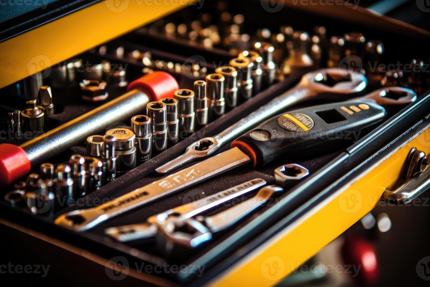 Close - up view of a toolbox at a mechanic's shop, focusing on the tools inside. Generative AI photo