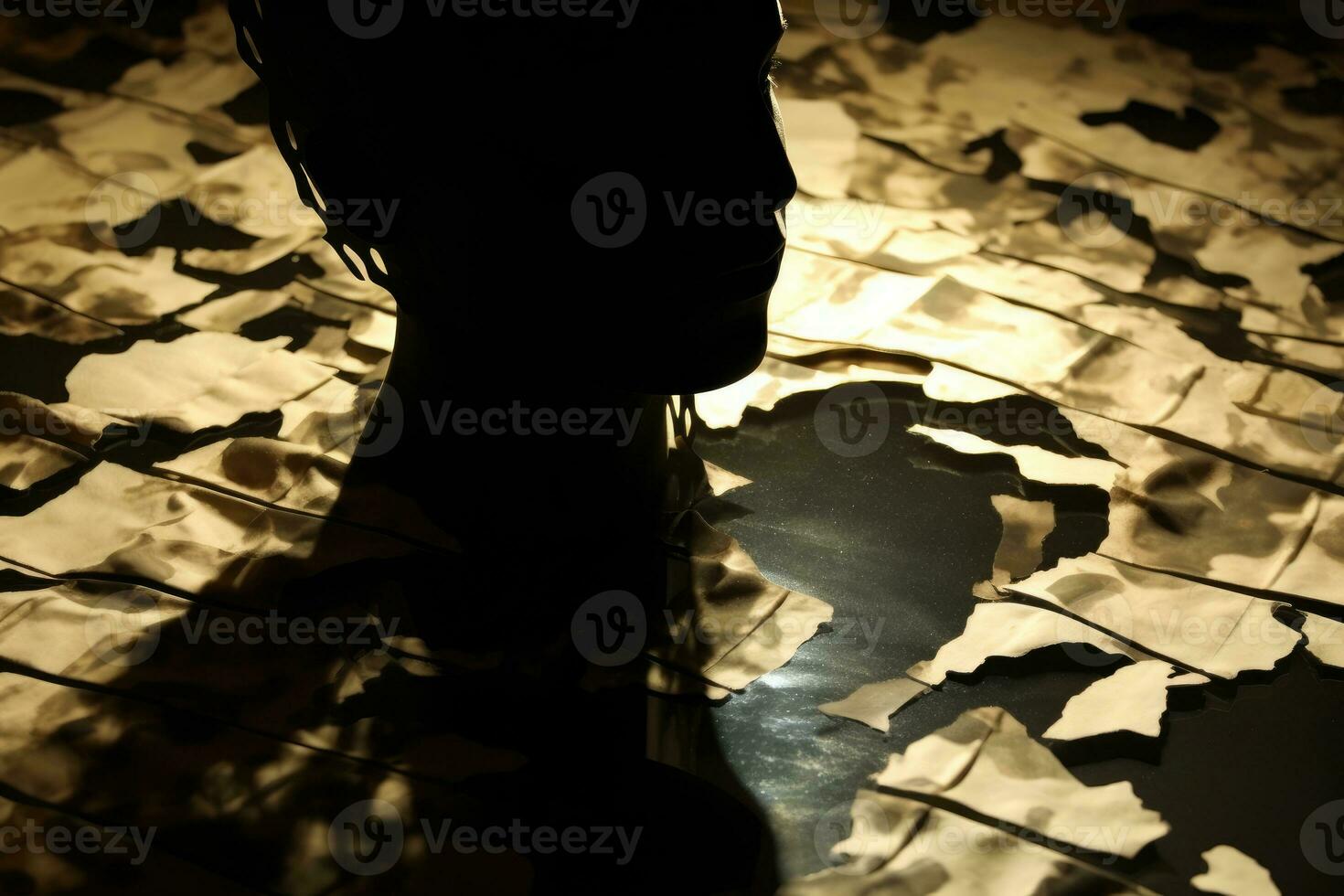 A silhouette of a head, half filled with crumpled waste paper, the other half spilling onto the reflective surface below. A photograph depicting the feeling of anxiety. Generative AI photo