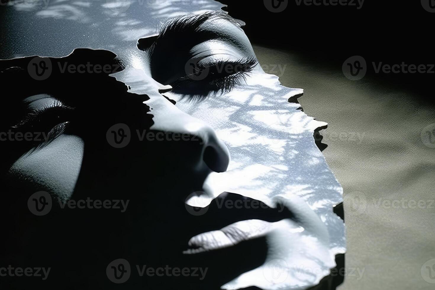 A silhouette of a head, half filled with crumpled waste paper, the other half spilling onto the reflective surface below. A photograph depicting the feeling of anxiety. photo