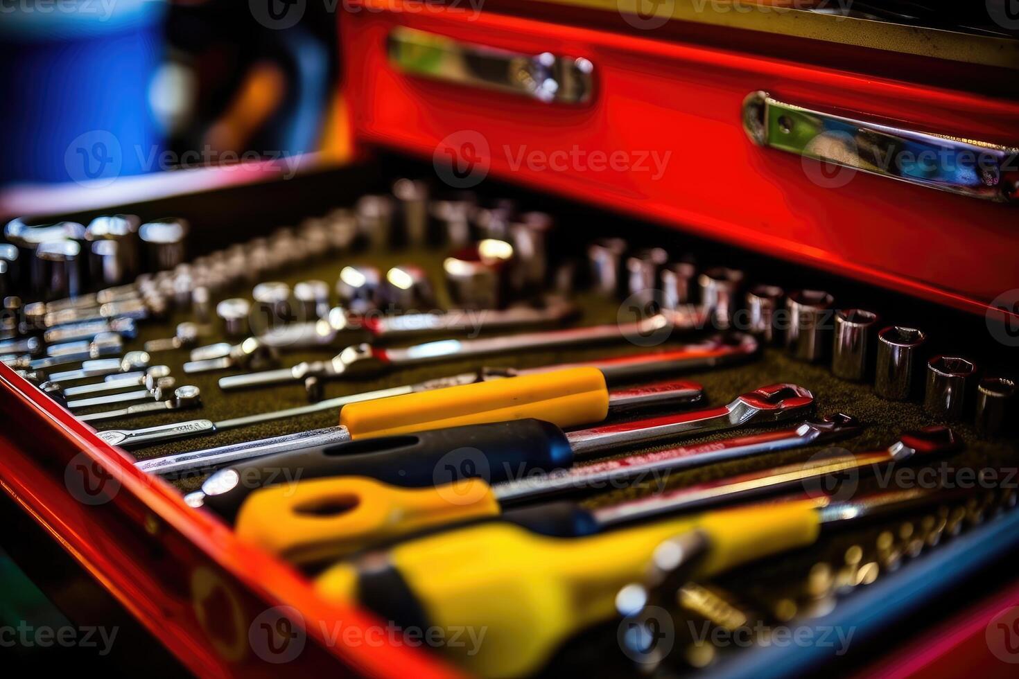 Close - up view of a toolbox at a mechanic's shop, focusing on the tools inside. photo