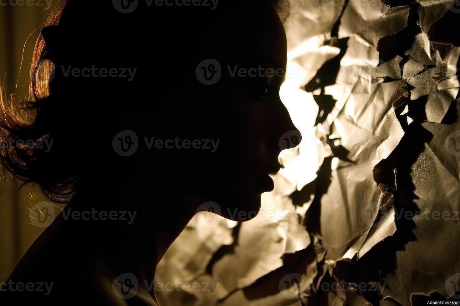 A silhouette of a head, half filled with crumpled waste paper, the other half spilling onto the reflective surface below. A photograph depicting the feeling of anxiety. photo