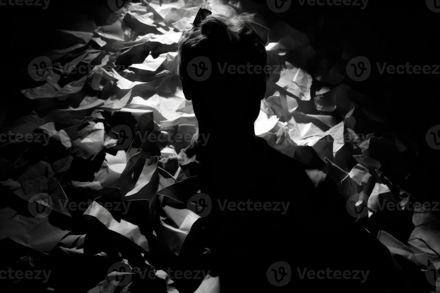 A silhouette of a head, half filled with crumpled waste paper, the other half spilling onto the reflective surface below. A photograph depicting the feeling of anxiety. photo