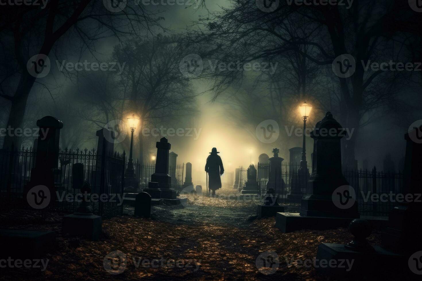 A close - up photograph depicting a spooky Halloween scene in a dark, moonlit graveyard. Generative AI photo