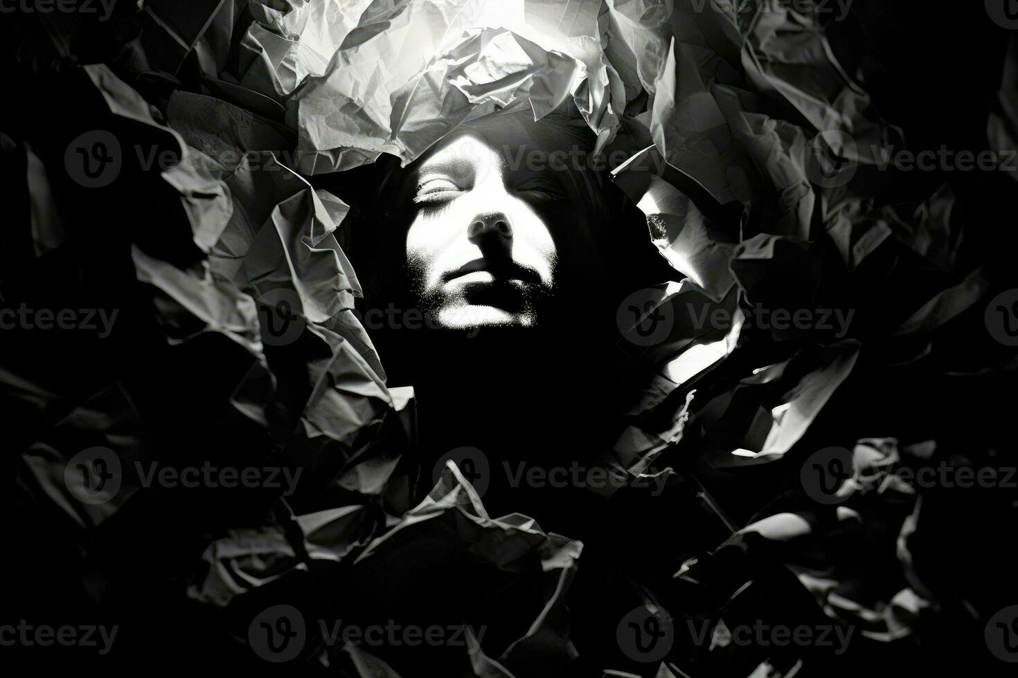 A silhouette of a head, half filled with crumpled waste paper, the other half spilling onto the reflective surface below. A photograph depicting the feeling of anxiety. Generative AI photo