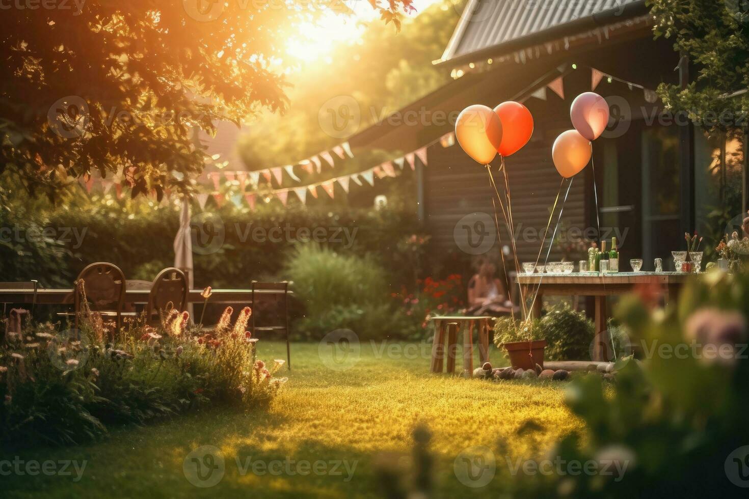 Atmospheric shot of a garden birthday party at sunset. Generative AI photo