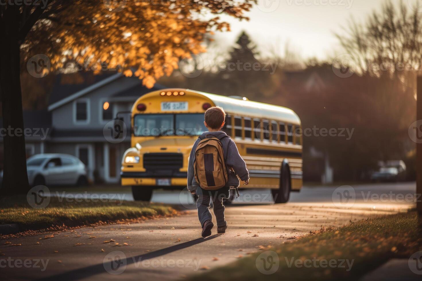 Little boy running in front of the school bus. Generative AI photo