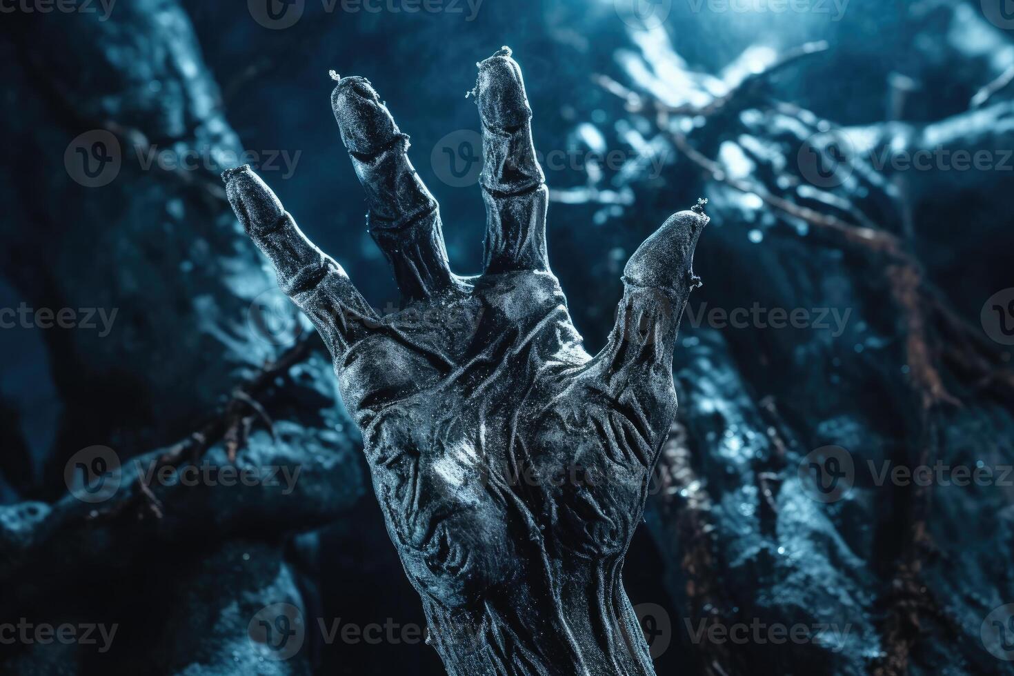 A close - up photography showcasing a zombie hand rising from a graveyard on a spooky Halloween night. photo