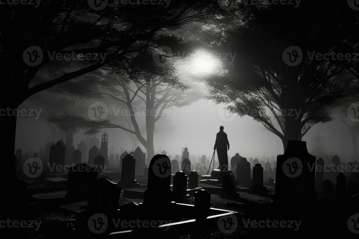 A close - up photograph depicting a spooky Halloween scene in a dark, moonlit graveyard. Generative AI photo