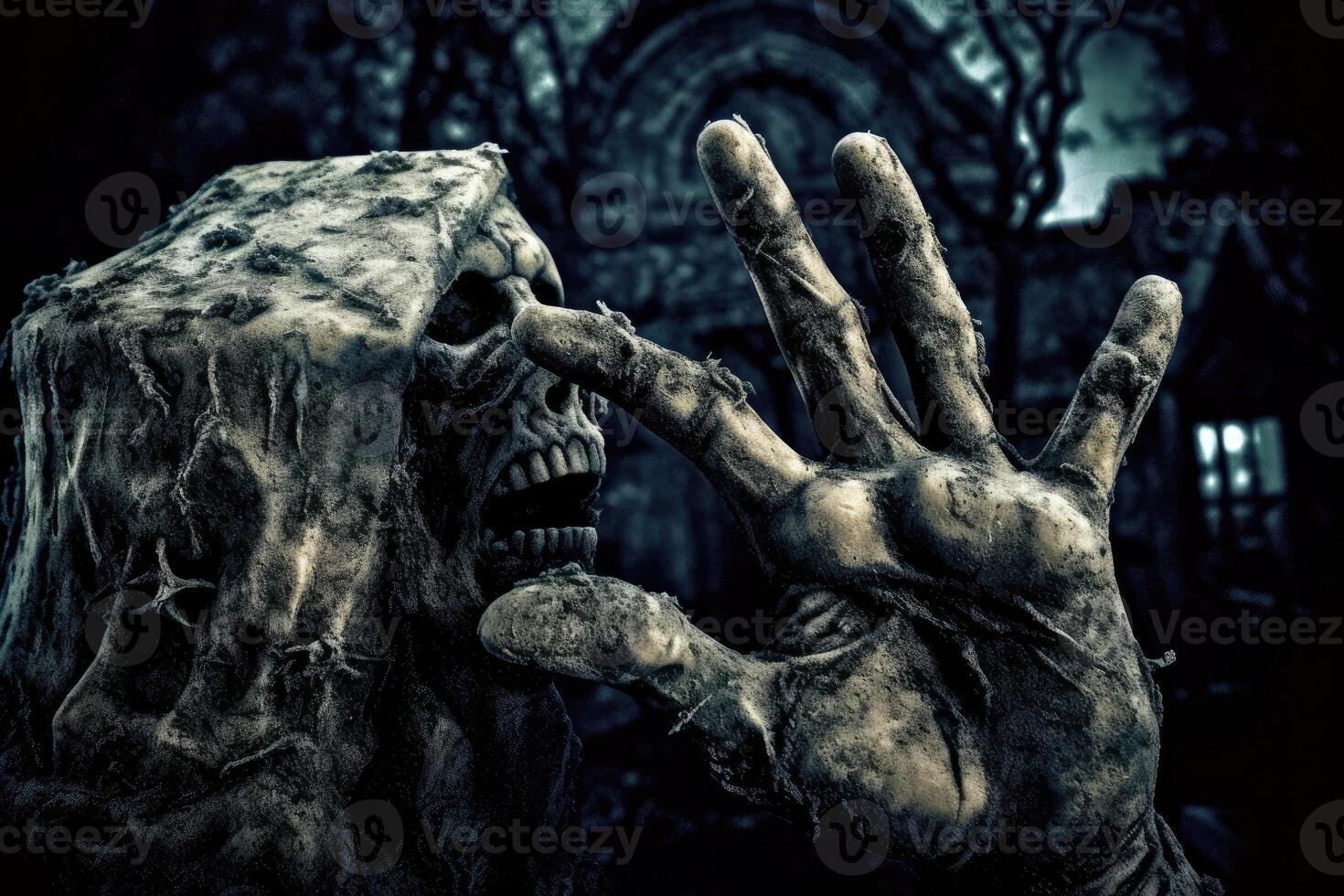 A close - up photography showcasing a zombie hand rising from a graveyard on a spooky Halloween night. photo