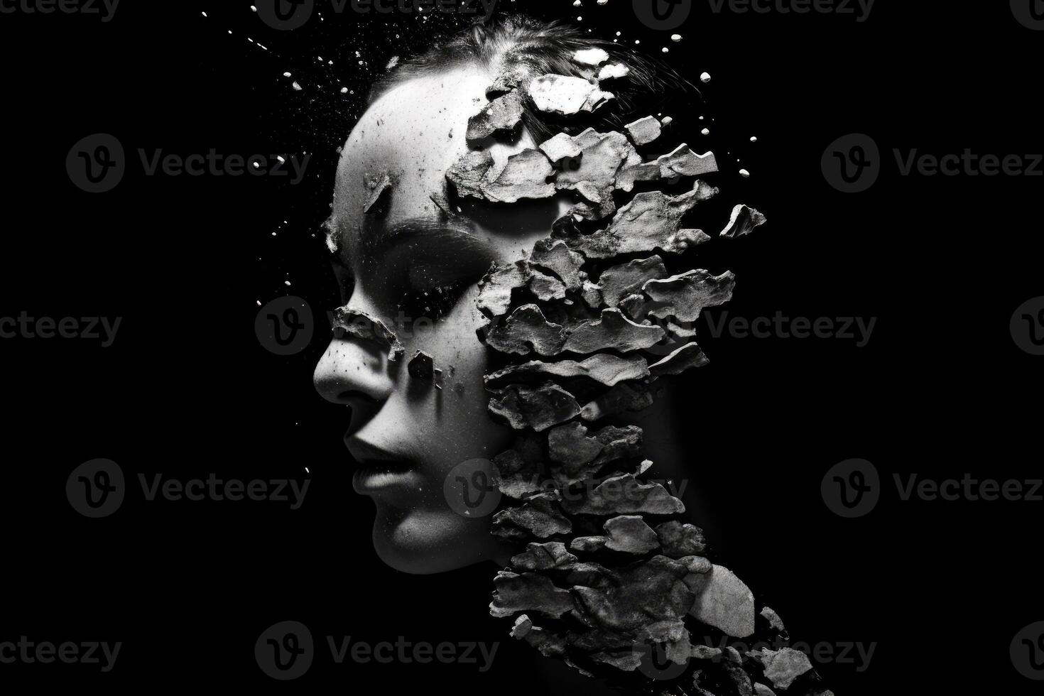 A silhouette of a head, half filled with crumpled waste paper, the other half spilling onto the reflective surface below. A photograph depicting the feeling of anxiety. Generative AI photo