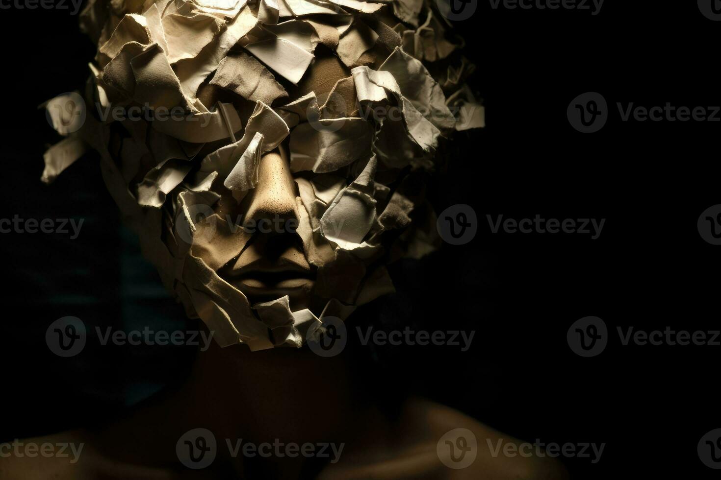 A silhouette of a head, half filled with crumpled waste paper, the other half spilling onto the reflective surface below. A photograph depicting the feeling of anxiety. Generative AI photo