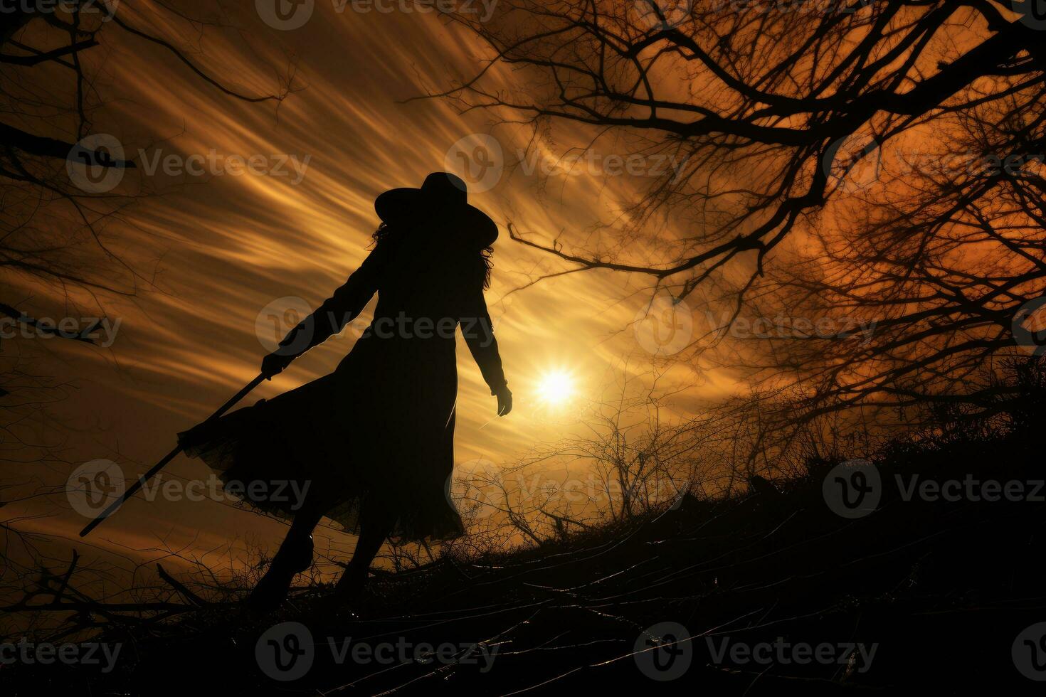 el silueta de un bruja volador en su palo de escoba en contra un lleno luna, evocando el mágico y misterioso esencia de Víspera de Todos los Santos. generativo ai foto