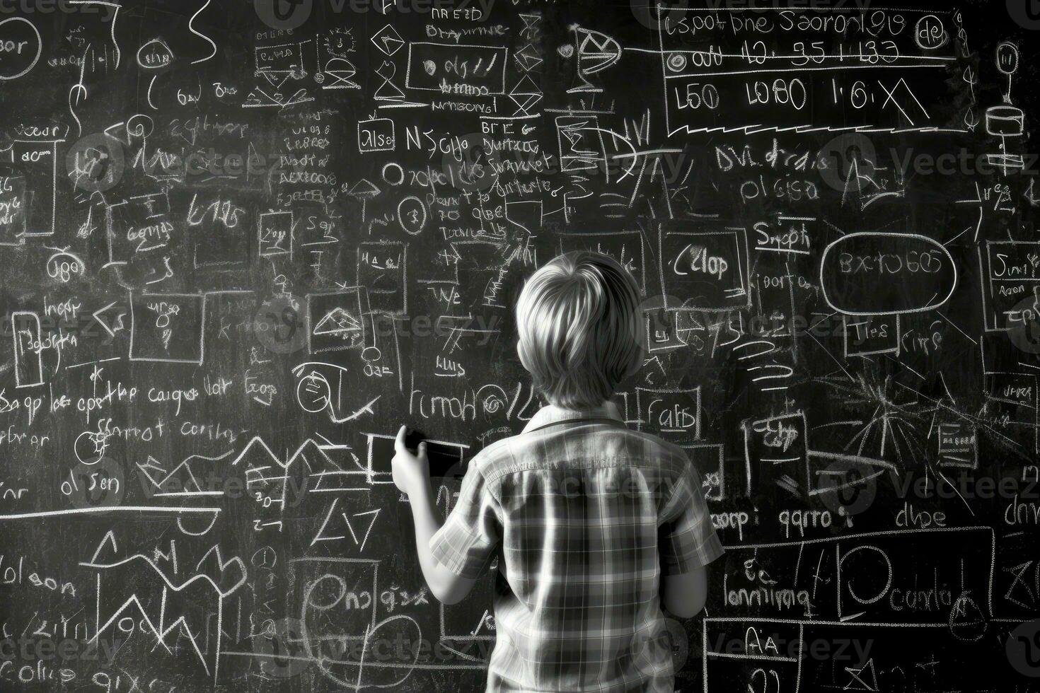 Photo of a child drawing a chalkboard full of complex mathematical formulas, pretending to be a teacher. Generative AI