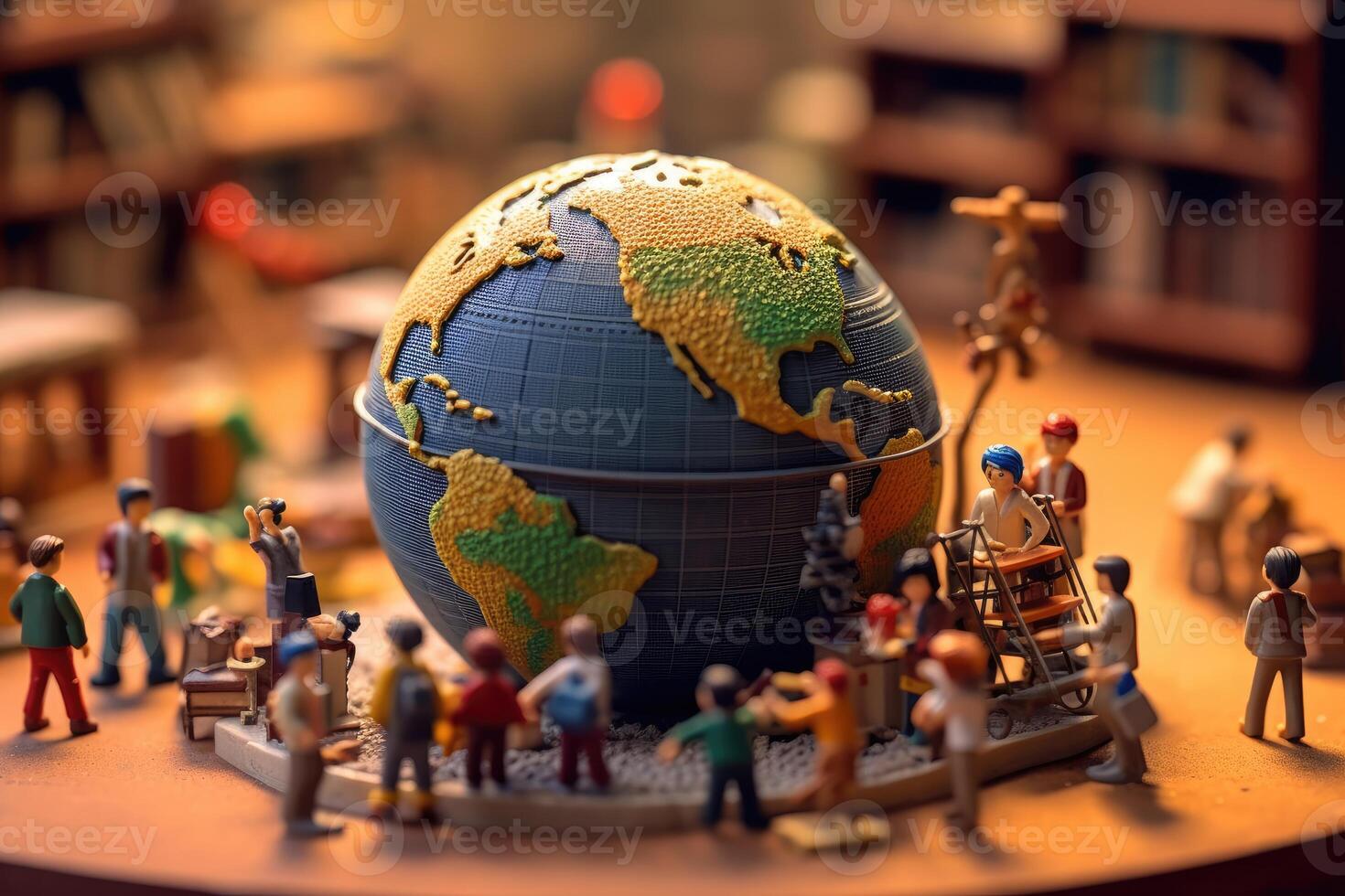 A crowd shot of tiny figurines of students and teachers bustling around a globe, representing a global classroom.  Generative AI photo