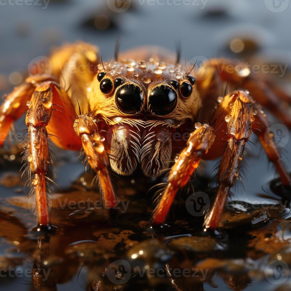 An intricately weaving spider, a symbol of Halloween, with its dew-glistened web against a soft-focus backdrop. photo