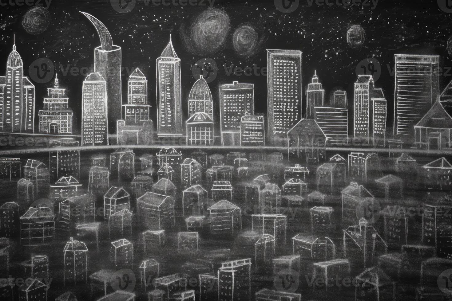 An close - up shot of a chalkboard, where mathematical formulas evolve into a detailed cityscape drawing. photo