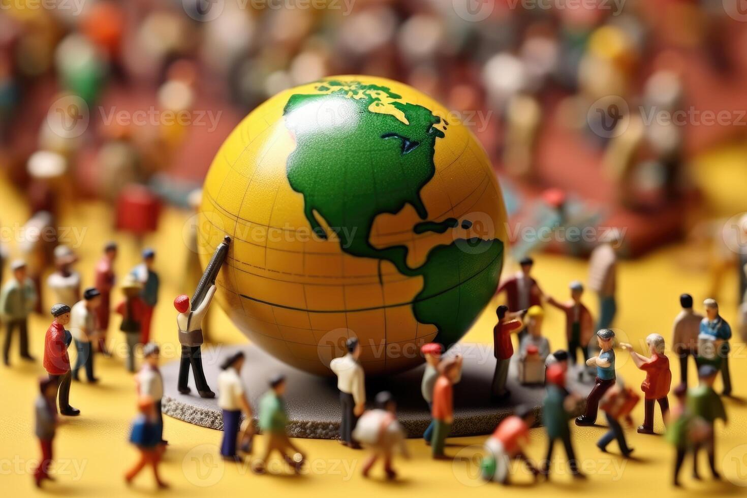 A crowd shot of tiny figurines of students and teachers bustling around a globe, representing a global classroom. photo
