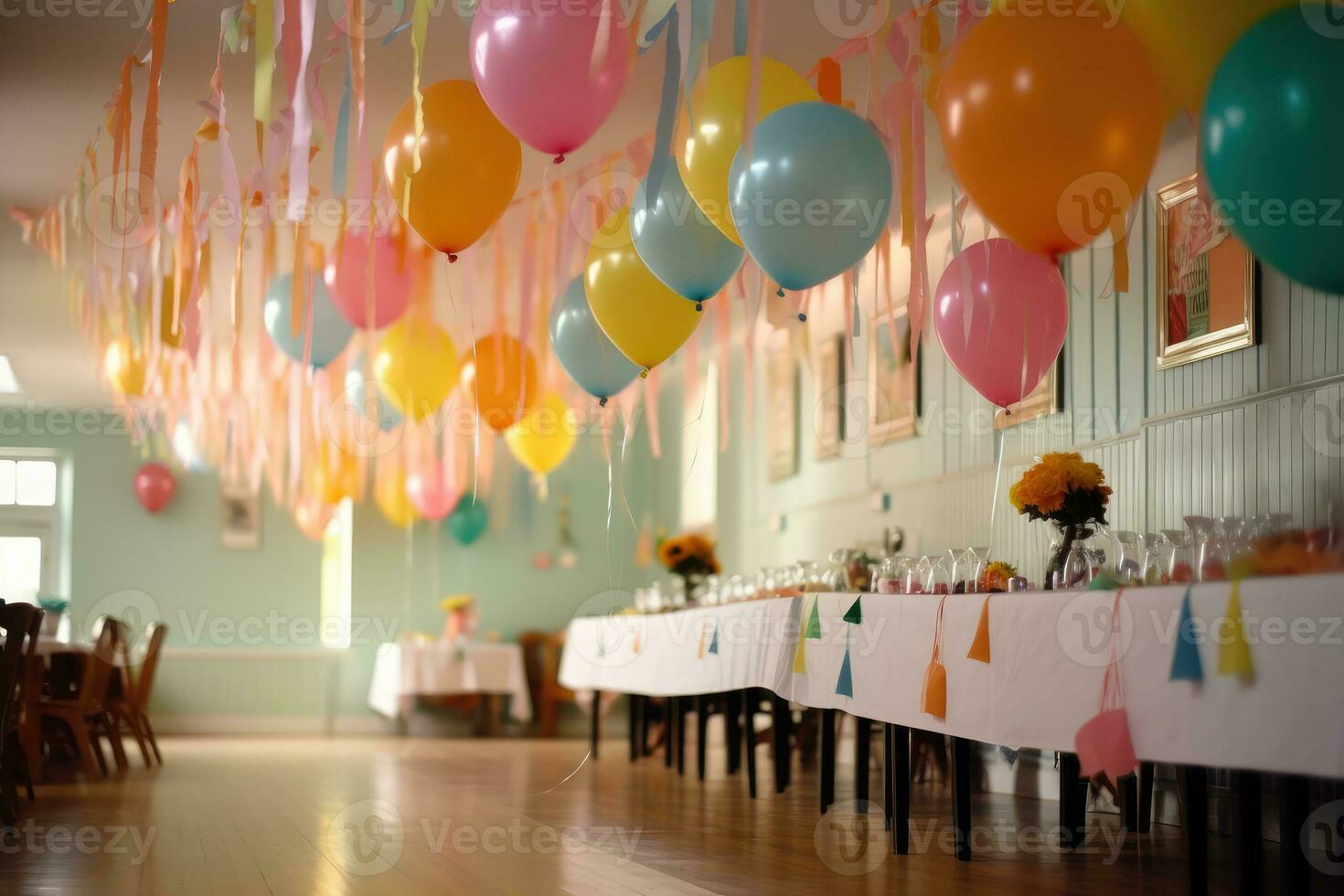 Party atmosphere with a focus on pastel balloons and baby-themed decorations lined up around the room. Generative AI photo